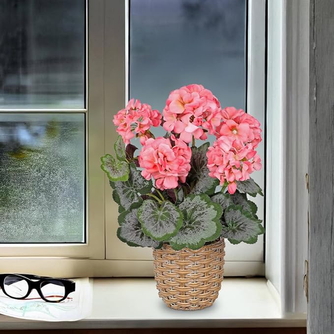 Briful Artificial Pink Geranium Flowers in Woven Basket, 14.5’’ Tall Silk Flower Arrangement, Realistic Geraniums Artificial Outdoor Plants for Home Indoor Farmhouse Table Wedding Centerpiece Decor