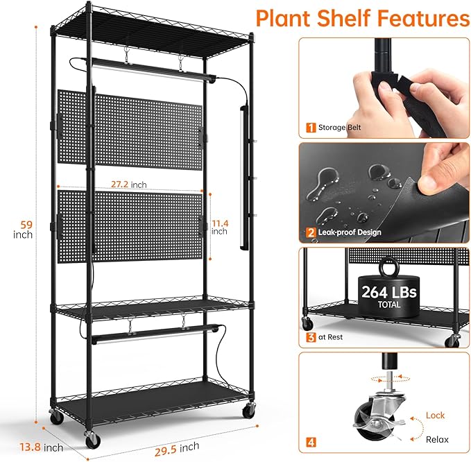 Bstrip Plant Cabinet with Pegboard, 3 Tier Plant Shelf with Grow Light, Metal Plant Stand with 4 Pack 96W Grow Lights for Indoor Plant, Foliage Plants, Seed Starting, 29.5"x13.8"x59"