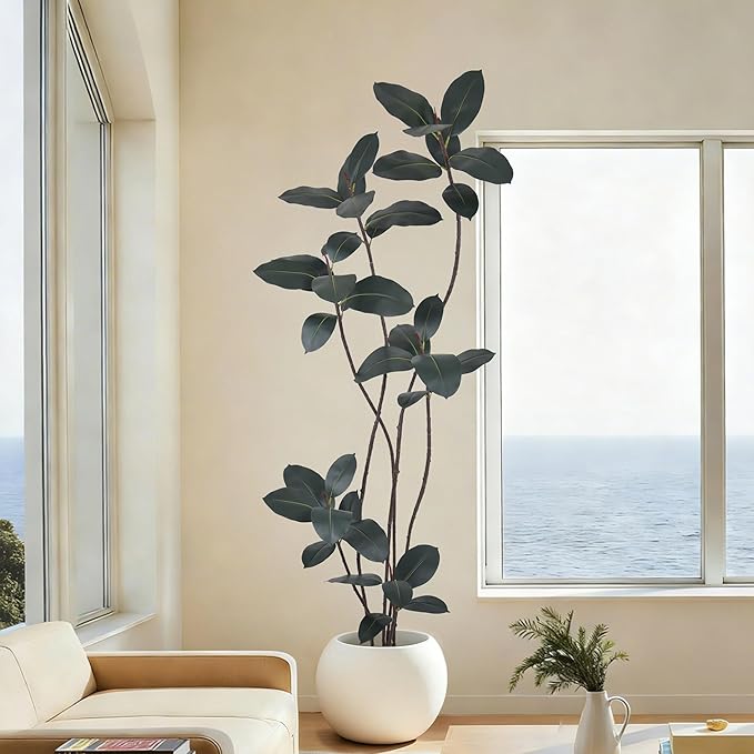 Artificial Rubber Tree 7FT(84in) Tall Faux Trees with Realistic Leaves, Fake Rubber Floor Potted Artificial Plants for Home Office Living Room Indoor Outdoor Decor (7feet,1Pack)