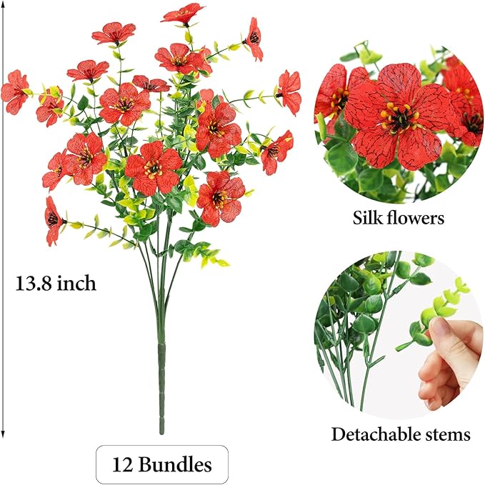 ATTGREAT Artificial Flowers Outdoor Faux Plants UV Resistant Fake Patio Flowers Plastic Greenery Plnats Outside Bulk for Spring Garden Hanging Planter Home Vase Decor, 12 Bundles (Red)