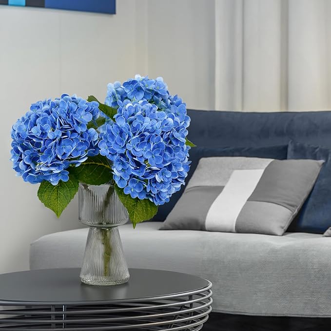Leftover 3 Pcs Dark Blue Hydrangea Artificial Flowers,21" Real Touch Faux Hydrangea Flowers and 3 PCS Butterflies for Hydrangea Decor,Floral Arrangements for Centerpiece Table Decorations,Home Decor