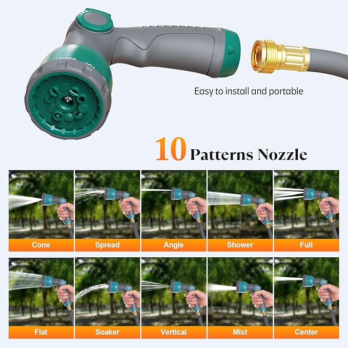 5/8" x 100 ft Retractable Garden Hose Reel, Heavy Duty Water Hose Reel Wall Mounted, Any Length Lock, 180°Swivel, Water Hose with 10-Function Nozzle for Cleaning, Watering (Green)