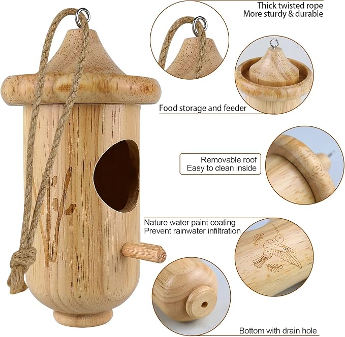 Hummingbird House for Outside Hanging, Small Wooden Hummingbird Gifts Nest 3 Pack with Hemp Ropes, Gardening Gifts Humming Bird Houses Home Decoration
