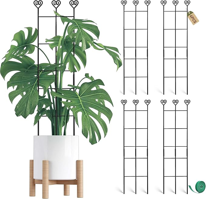 Coomin 4 Pack 32in Monstera Plant Support Stakes for Indoor Plants, Stackable Garden Trellis for Climbing Plants Outdoor, Metal Plant Climber Support for Pothos Philodendron Vine