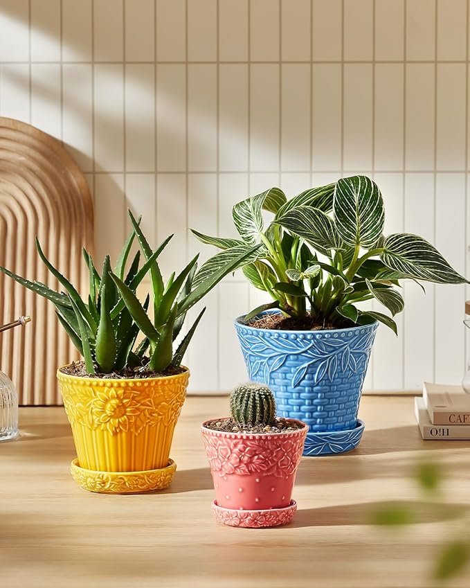 Metahom Ceramic Plant Pots, 4.9 Inch Flower Pots with Drainage Hole & Saucer, Colorful Planter Pots for Indoor Plants, Small Pots for Succulent, Catus, Home Decor, Set of 4, Assorted Colors