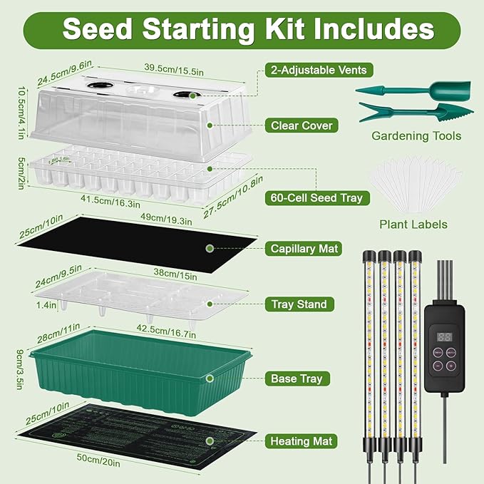 60-Cell Self-Watering Seed Starter Tray with Grow Light, Indoor Seed Starting Kit Trays with Heat Mat, Adjustable Brightness Plant Germination Trays Growing Kit with 4.13" Humidity Dome for Seed Grow