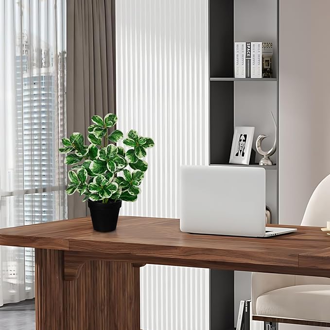 17" Artificial Rubber Plant in Black Pot, Faux Ficus Plant Potted with Cream White Edge Foliages, Fake Greenery Plant for Home Office Tropical Decor