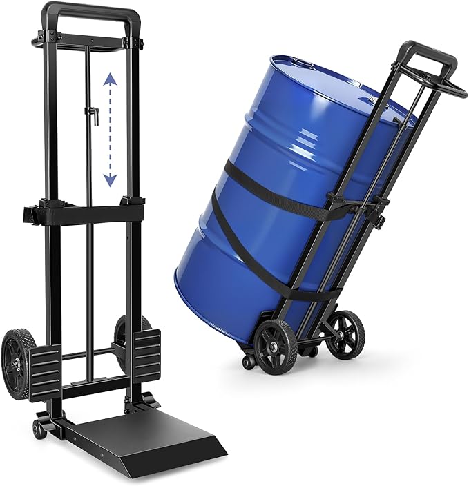 KEDSUM 55 Gallon Drum Dolly, Plant Dolly with Wheels, Heavy Duty Oil Drum Trolley with Adjustable Eagle Beak Fixation & Strap, Ideal for Oil Barrel & Plant Pots Use, Height 47.2 inch, Easy to Fold