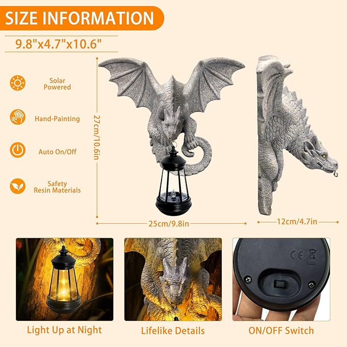 Dragon Tree Hugger Garden Statue - Resin Dragon Figurine Wall Hanger Sculptures Decor with Solar Lantern Lights, Outdoor Waterproof for Balcony Wall Porch Yard, Gifts for Mom Women Mother's Day