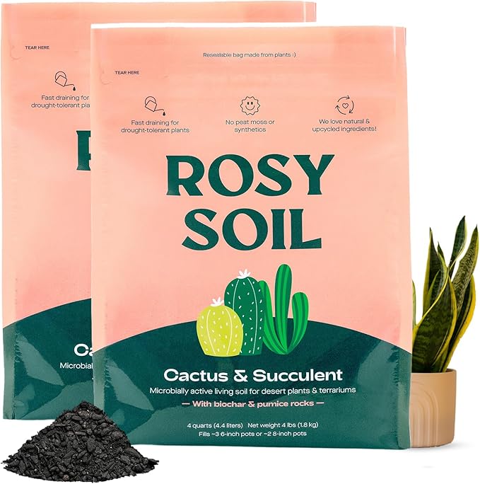 Rosy Soil Cactus and Succulent Potting Soil Mix for Houseplants - Fast Draining Organic Potting Soil for Succulents, AloeVera, Indoor Plant - Root Boosting for Drought Tolerant Growth, Pack of 2