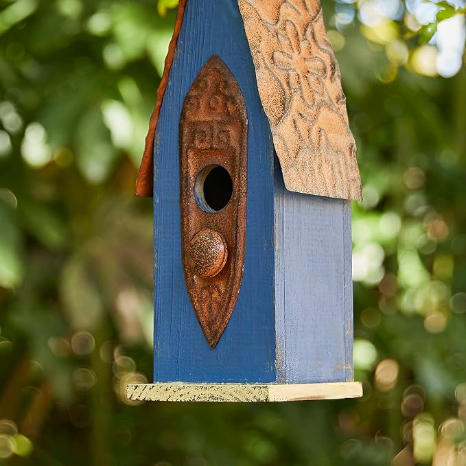 Glitzhome Bird Houses for Outside, Hanging Bird House for Outdoors, 13.25" H Retro Blue Distressed Solid Wood Pet Cottage Garden Decorative Birdhouse for Swallow Sparrow Finch Cardinals