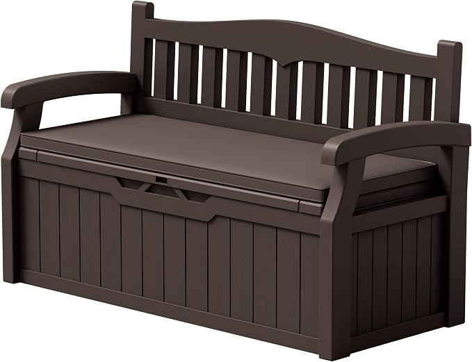 Devoko 80 Gallon Storage Bench with Cushion, Lockable Deck Box for Patio Furniture, Garden Decor and Outdoor Seating for Cushions, Garden Tools and Pool Supplies (Dark Brown, 80 Gallon with Cushion)