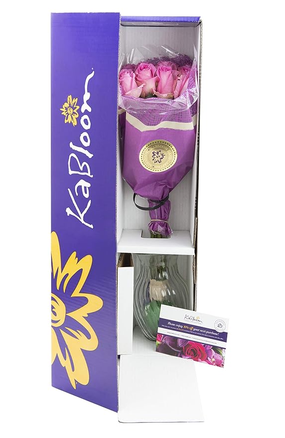 KaBloom - Bouquet of 12 Fresh Pink Roses (Farm-Fresh, Long-Stem) with Vase - Fresh Flowers for Birthday, Valentine's & Mother's Day