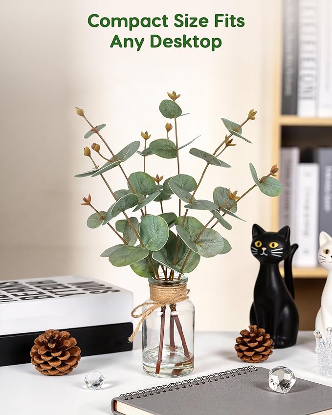 Velener Faux Eucalyptus Stems in Vase with Faux Water, Fake Plants Artificial Eucalyptus Plant for Home Decor, Kitchen Bathroom Farmhouse Living Room Coffee Table Faux Centerpieces for Tables Green