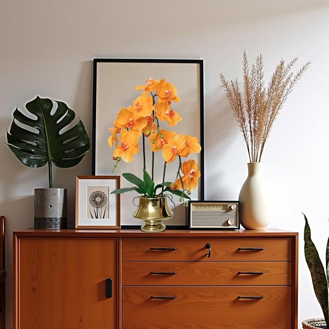 CXGS Orchids Artificial Flowers Realistic Fake Flowers in Ceramic Vase 20" Orange Faux Plants Indoor Lifelike Soft PU Phalaenopsis for Centerpiece Hotel Home Decor