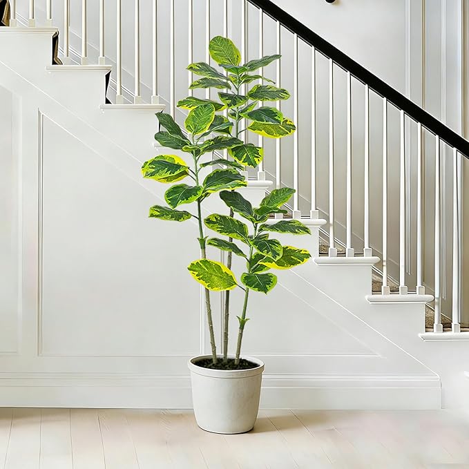Ficus Tree Artificial Plants Indoor, 5FT Tall Fake Trees in White Pot, Large Potted Silk Floor Plant Artificial Trees, Green Lifelike Faux Ficus Tree for Home Room Office Porch Decor-Yellow