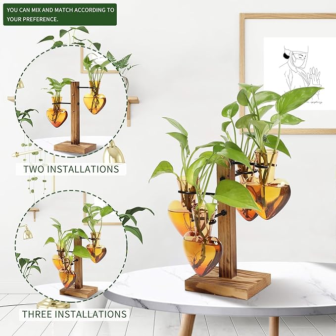 Plant Terrarium Propagation Stations with Wooden Stand, Glass Vase for Indoor Hydroponics Home Garden Office Decoration Gift for Women - 4 Love Bulb Vase