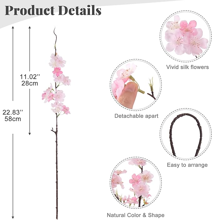 INXUGAO 12 PCS Faux Cherry Blossom Branches Décor 22.83 Inch Fake Artificial Cherry Flowers for Home Indoor Decoration Vase Arrangement Table Living Room Bedroom Spring Decor