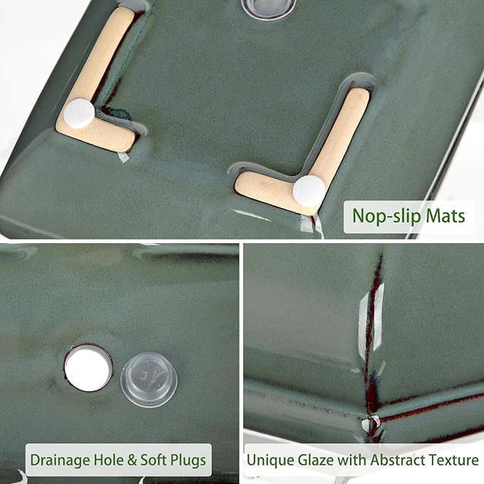 Set of 2 Green Glazed Ceramic Bonsai Pots, 9.8" & 7.4" Shallow Bonsai Pots Planters with Drainage for Indoor/Outdoor Plants, Rectangular Bonzie Tree Pot for Succulents, Cacti, Orchids, Herbs, Flowers