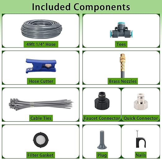 49FT 1/4" Quick-Connect Drip Irrigation System Kit, Automatic Garden Watering System with 15 Pcs Adjustable Spray Nozzles for Garden, Greenhouse, Yard, Lawn