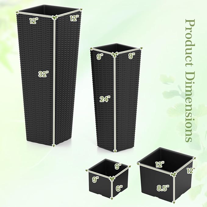 Giantex Set of 2 Planters for Outdoor Plants, Tall Tapered Plants w/Inner Trays, Drainage Holes, Decorative PP Flowerpots 32" & 24" Tall for Porch, Patio, Garden, Backyard, Indoors & Outdoors (Black)