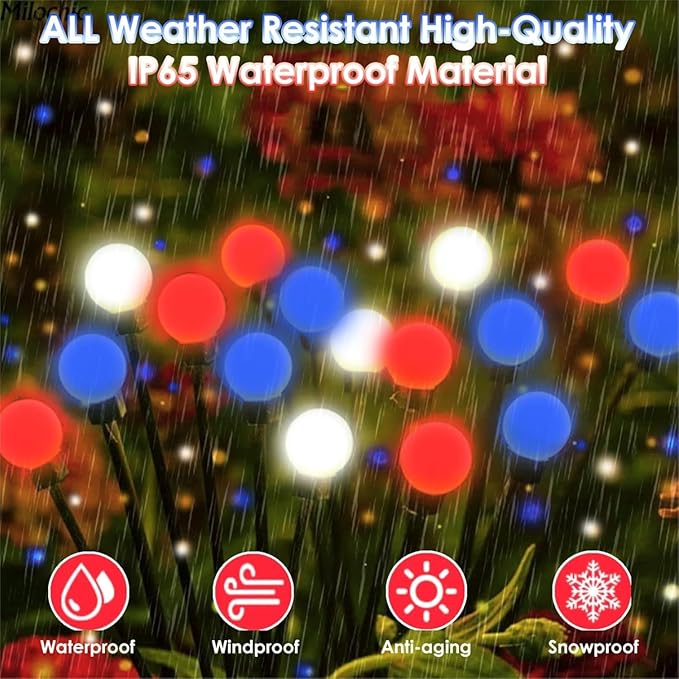 4th of July Decorations Outdoor, 8 Pack Red White and Blue Solar Garden Lights 48 LED, 2 Modes Solar Firefly Lights Outdoor Waterproof for Independence Day Garden Yard 250 Anniversary USA Decoration