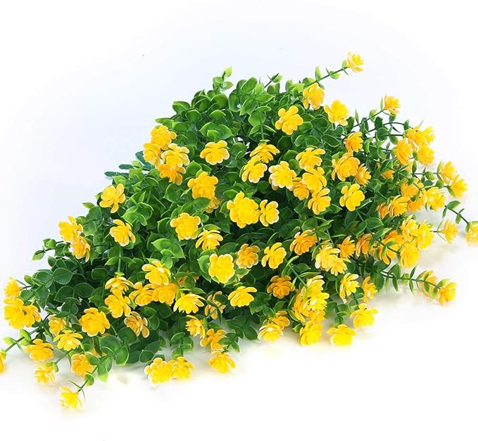 24 Bundles Outdoor Artificial Flowers UV Resistant Fake Boxwood Plants, Faux Greenery for Indoor Outside Hanging Plants Garden Porch Window Box Home Wedding Farmhouse Décor (Yellow)
