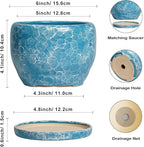 SQOWL 6 Inch Plant Pot - Ceramic Indoor Planter with Drainage Hole and Saucer, Decorative Ceramic Flower Pot Outdoor, Round Succulent Planter, Home Office Room Decor, Gifts for Plant Lovers, Blue
