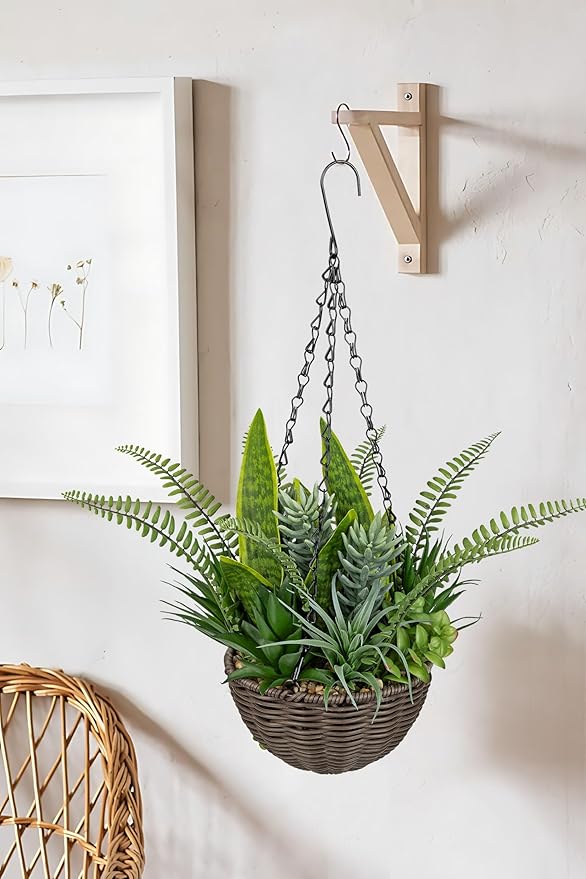 DILATATA Artificial Hanging Plants Basket, Faux Snake Plants Fern Succulent Mix with Coconut Fiber Liner, Fake Hanging Plant with Chain Hook for Indoor Outdoor Porch Patio Balcony Home Décor