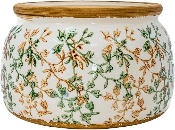 Vintage Ceramic Flower Pot - Indoor Outdoor Planters with Drainage Holes & Filter Screen, 9’’ Large Rustic Farmhouse Decorative Plant Pots for Garden/Patio/Balcony (Bicolor Vines, Large)