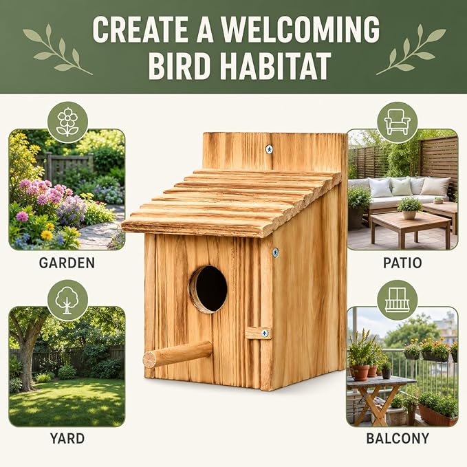 NATUREYLWL Wooden Bird House for Outside, Hanging Natural Wood Birdhouse with Perch, 1.57" Entrance & Side Clean-Out Door for Bluebirds, Wrens and Finches, Garden Decor