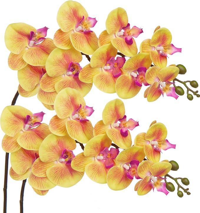 DILATATA Artificial Orchid Flowers 9 Large Heads of Real Touch Vivid Phalaenopsis Orchid Flower Stem 36'' Tall, Artificial Flowers Branches for Home Decor, Office House Decor-Yellow Orchids Flowers