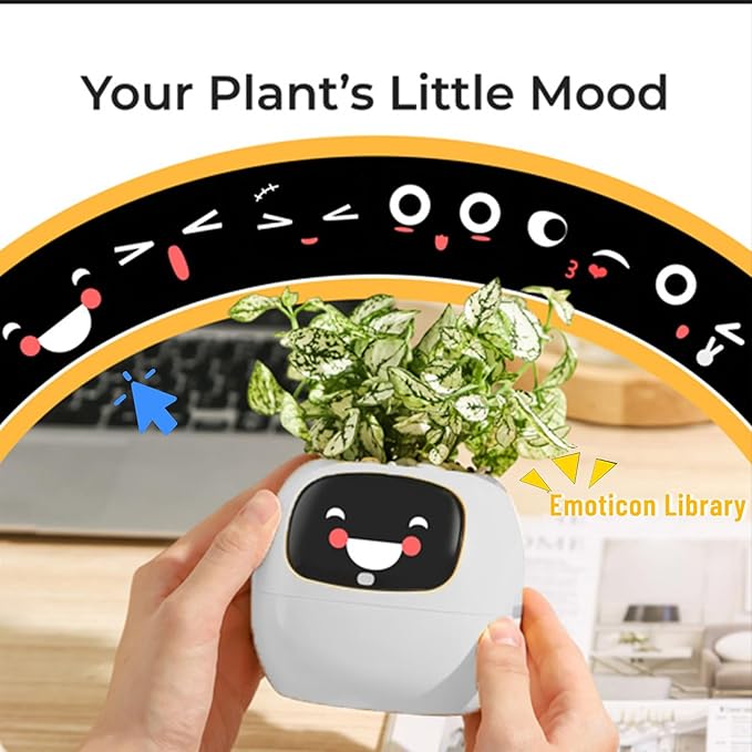 Smart Pet Planter, Smart Plant Pot, With Artificial Intelligence, Time Weather Display, And Multiple Expressions Animation,Lovely Plant Companion, For Desktop Decoration, Gifts,Plant-Free (Ivory)