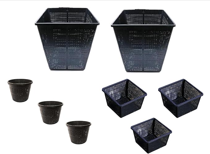 Small Water Garden Pond Aquatic Plastic Mesh Planting Basket Kit, Variety of 8 Pond Plant or Flower Planter Pots for Aquaponics, Hydroponics Slotted Mesh | Value 8 Pack