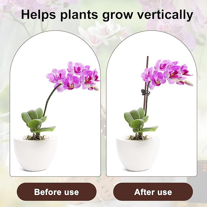 10Pcs Plant Support Stakes with 15pcs Plant Clips,15.7 Inches Bendable Plant Sticks for Indoor and Outdoor Plants,Single Stem Flower Stakes for Phalaenopsis Orchid Flower Roses(Brown)