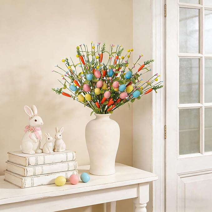 Easter Decorations 6 Pack Easter Stems 17 Inch Artificial Egg Picks with Carrots Colorful Eggs Eucalyptus Leaves for Living Room Centerpieces Home Vase Decor