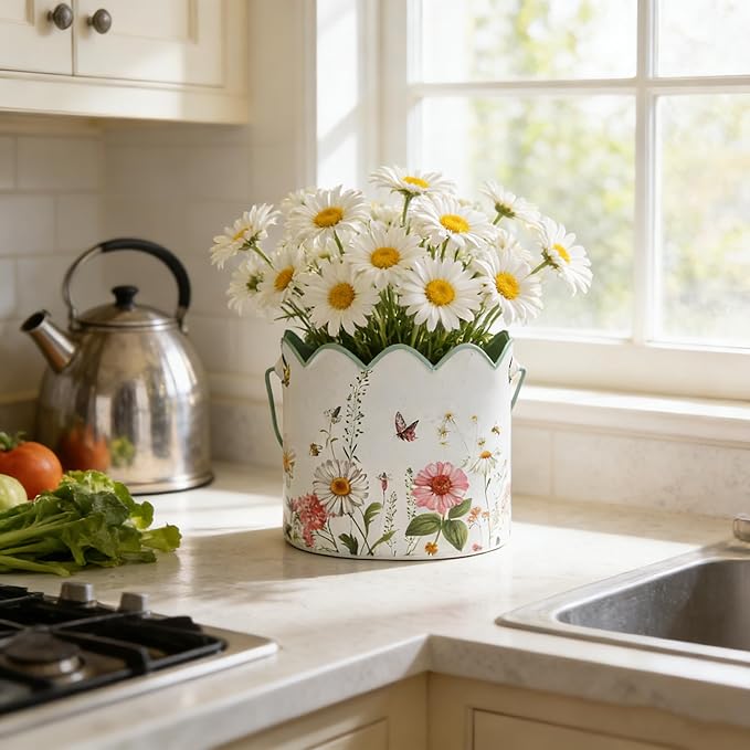 3-Piece Vintage Floral Metal Bucket Set, Scalloped Edge Multi-Size Planters for Flowers & Easter Egg Containers, Rustic Garden & Home Decor with Reinforced Metal Handles, Indoor & Covered Outdoor Use