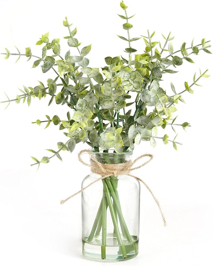 Muhanjia Artificial Eucalyptus Stems in Glass Vase with Faux Water,7Pcs Fake Plant for Centerpiece Bathroom Farmhouse Room Home Decor (Sage Green Eucalyptus)