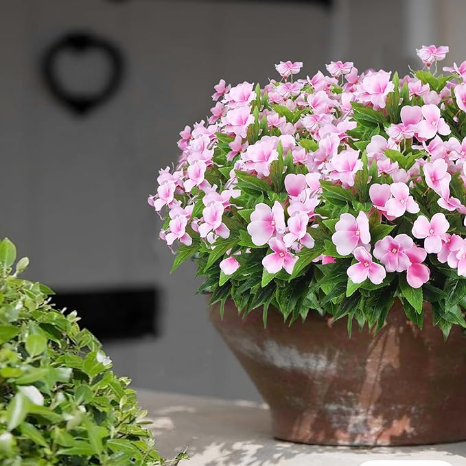 CITYES 4 Pcs Artificial Flowers Outdoor Impatiens UV Resistant Silk Impatiens Flowers Pink Faux Flowers Impatiens Bushes Artificial Impatiens for Pot Patio Lawn Garden Hanging Basket Porch Decor