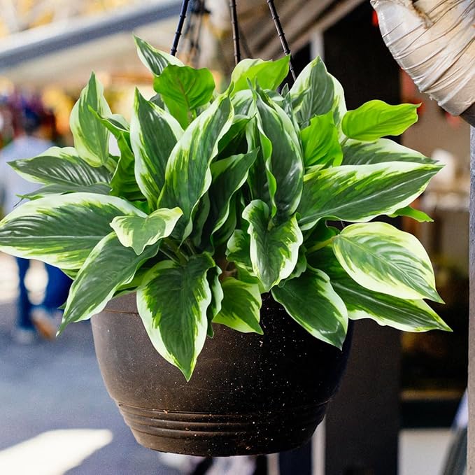 12PCS Artificial Tropical Green Plants – 15.75" Fake Hostas Outdoor Artificial Plants, UV Resistant, Faux Green Leaf Stems for Porch, Patio, Balcony, Garden Planter or Indoor Décor