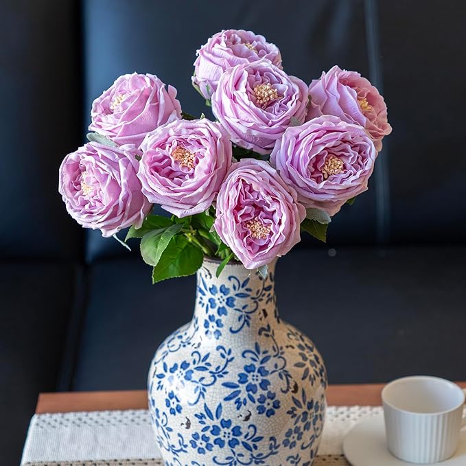 DUYONE Fake Flowers for Decoration Home Decor Artificial Flowers Austin Rose Peony Latex Fake Flower Living Room Decoration Vivid Pink Roses Peonies (Light Purple 4pcs)