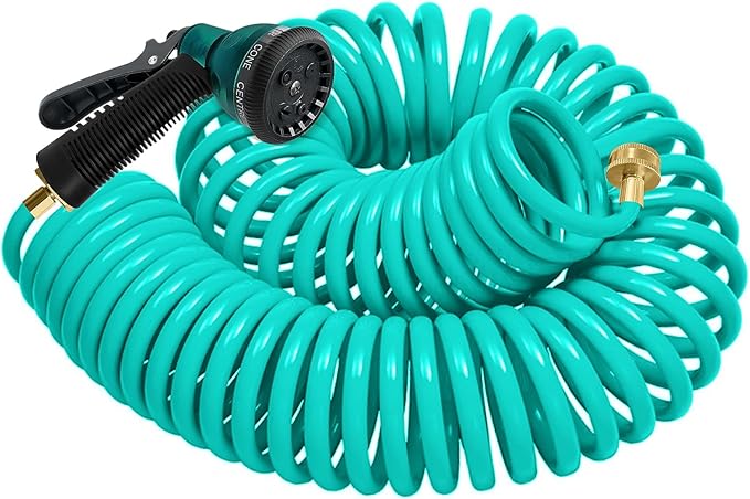 Coil Hose 25FT EVA Coil Garden Hose With 3/4'' Brass Connector Coiled Water Hose Lightweight And No Kink Includes 7 Patterns Spray Nozzle For Outdoors Lawn Watering Car Washing