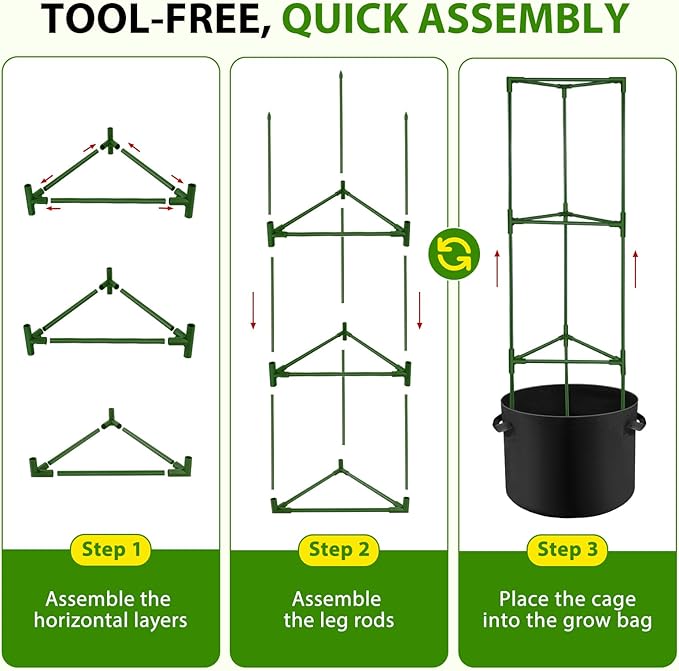 Suntee 3 Pack Tomato Cage with 20 Gallon Grow Bags, 48 Inch Tomato Cages for Garden Patio Balcony, Adjustable Height Tomatoes Plant Support for Climbing Vegetables Plants Flowers