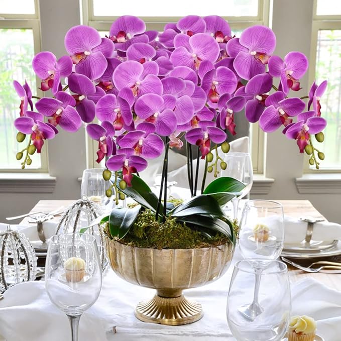 DILATATA Blooming Phalaenopsis Orchid 31.5" Tall Real Touch Artificial Orchid with 9 Large Flowers Fake Orchids Artificial Flowers for Decoration Home Arrangement-Purple Orchids Flowers 2pcs