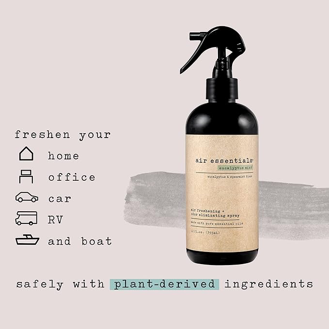 Air Essentials 12 oz Air Freshener & Odor Eliminator Spray - Neutralize Odors from Smoke, Pets, Food & Garbage in Homes, Offices & Cars - Made with Clean Essential Oils (Eucalyptus Mint, 2-Pack)
