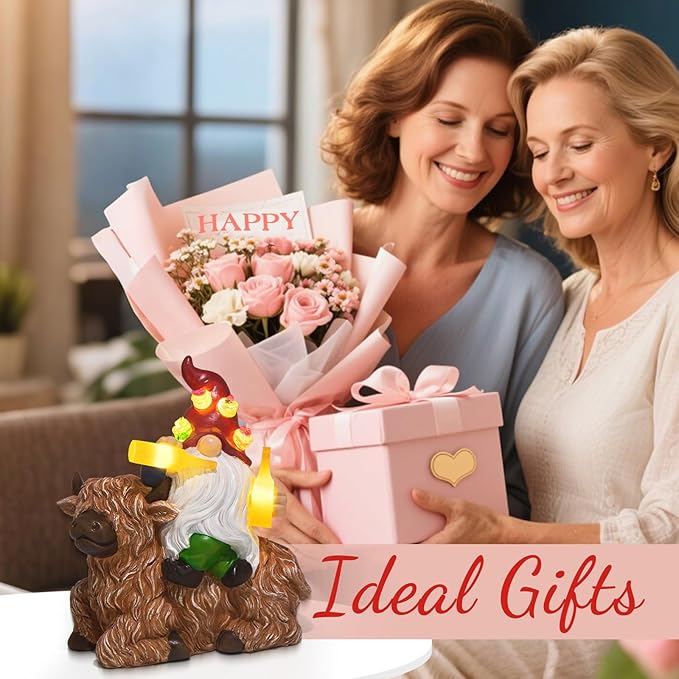 DKJOCKY Gnome Garden Decor Statue with Solar Light Lantern, Highland Cow Birthday Gifts for Women Mom Grandma, Funny Waterproof Resin Figurine Outdoor Decorations for Yard Patio Lawn Balcony Porch