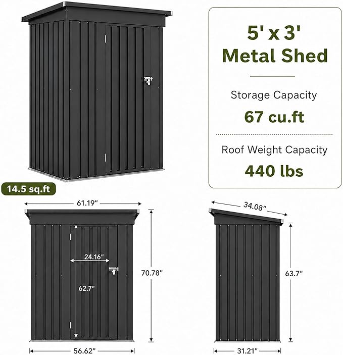 5x3 FT Outdoor Storage Shed, Metal Tool Shed with Sloping Roof and Lockable Door, Waterproof Garden Shed for Backyard, Patio, Lawn and Outdoor Storage, Black