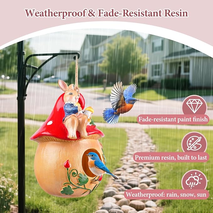 Bird Houses for Outside – Hand-Painted Decorative Bird House, Waterproof Resin Hanging Birdhouse for Patio, Yard, Porch & Garden Decor
