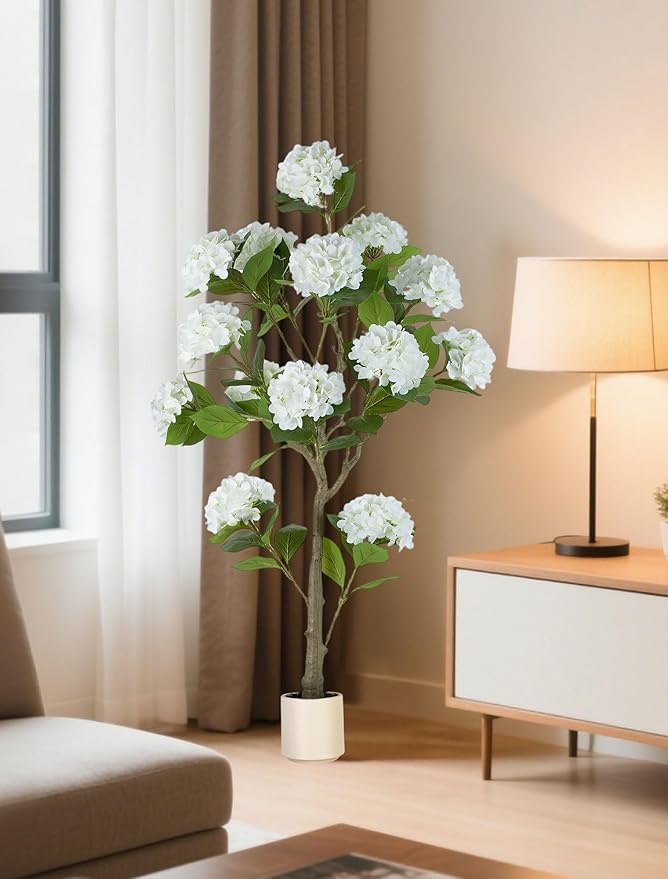 BLOSMON White Hydrangea Artificial Trees: 5ft Real Touch Faux Hydrangeas Flower Tree with Pot for Front Porch Planters Decoration Outdoor - Fake Silk Floral Plant for Home Patio Entrance Decor Indoor