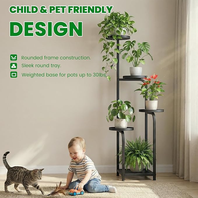 TOSKING 5 Tier Tall Plant Stand Indoor Outdoor,Anti-Tip Plant Stand indoor, Wide Base for Pots, Child and Pet Friendly,Heavy Duty Corner Shelf for Plants & Decor, Space Saving ,Tiered Metal Flower Pot Stand for Balcony, Garden, Living Room, Patio (Blac...